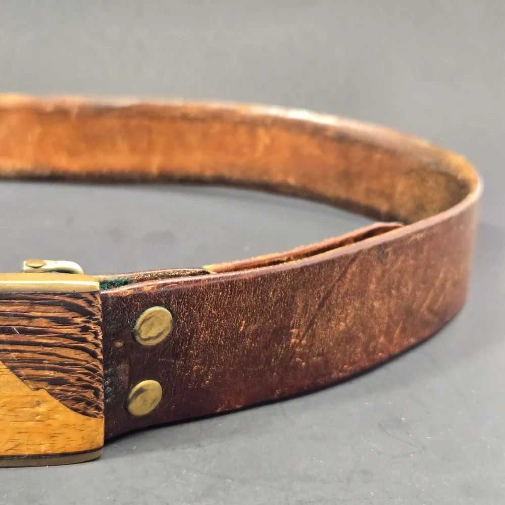 Kenneth Reid Albuquerque Brass Wood Mountain Inlay Leather Belt Vintage Brown